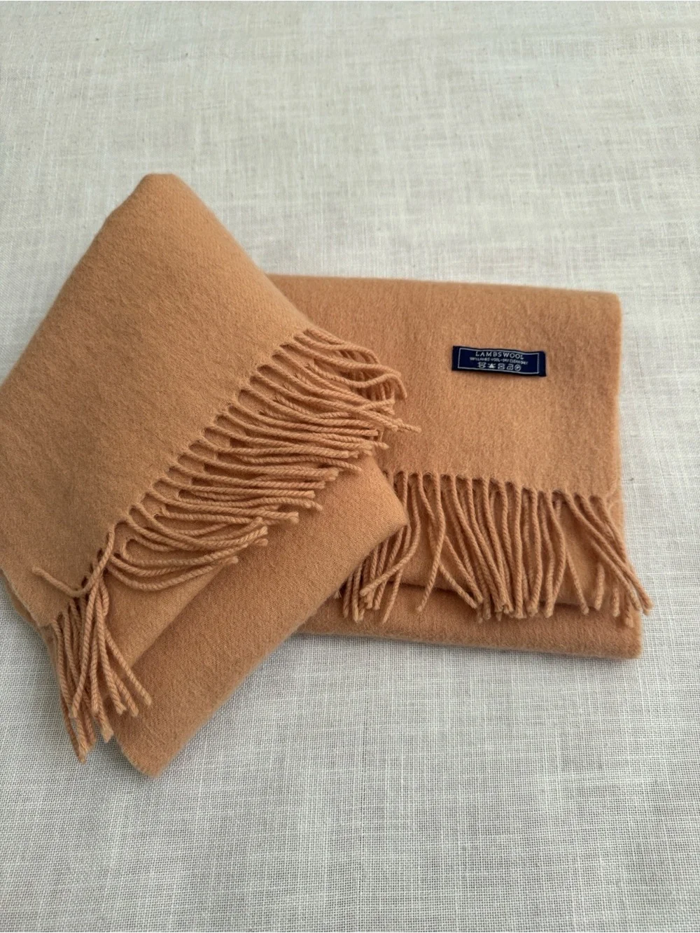 Camel Fringed LambsWool Throw Shawl Oversized Scarf 27”x76”